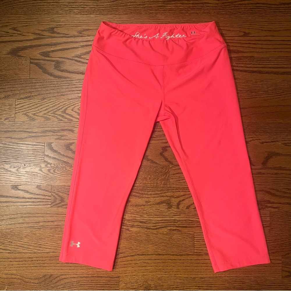 Under Armor Pink Cropped Heat Gear “She’s A Fighter” Leggings - Women’s Small